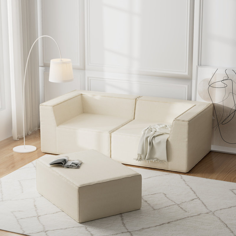 Compression Comfy Cloud 76" Wide 3-Seat Modular Sofa Couch Upholstered Sectional with ottoman, White Fabric