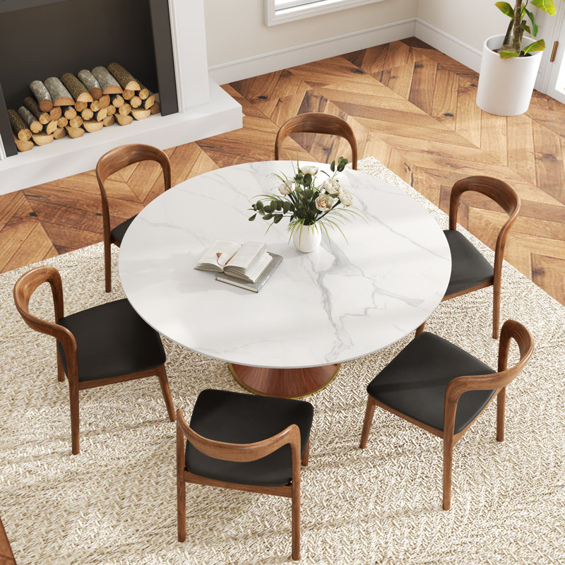 Tavion 7Pcs Kitchen Dining Table Set Mid-Century Style Solid Wood Pedestal (1 Table 6 Upholstered Chairs), White