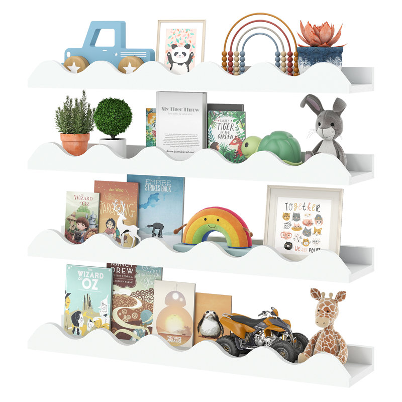 Ensemble de 4 bibliothèque pour enfants avec structure en bois de sapin et bord ondulé blanc, 2" H x 24" W x 5" D