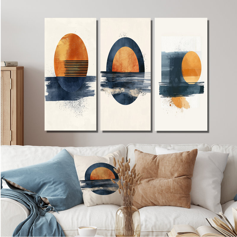 «Geometric Blue and Orange Sunrise Symmetry I», collection d'art mural moderne, H 32 po x l 48 po, Toile tendue