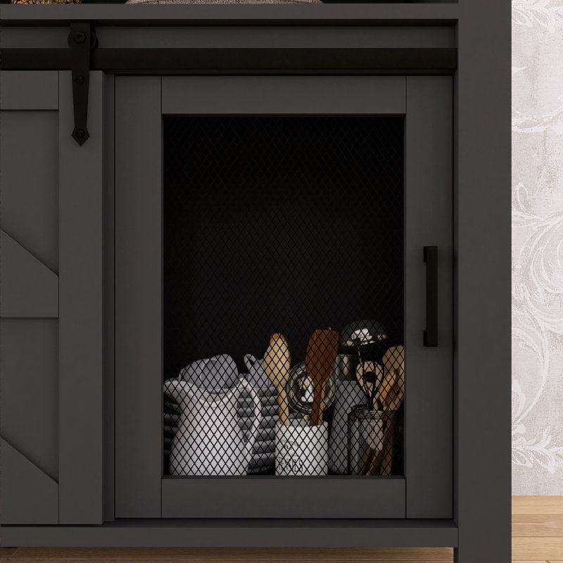 Buffet Farmhouse avec porte de grange coulissante et panneaux grillagés - Buffet de rangement ouvert, Noir