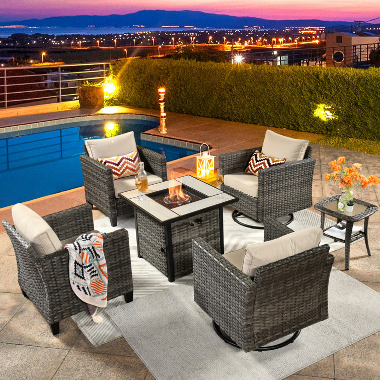 6 Piece Wicker/Rattan Patio Seating Group With Cushions (Fire Pit And Swivel Rocking Chairs Included)