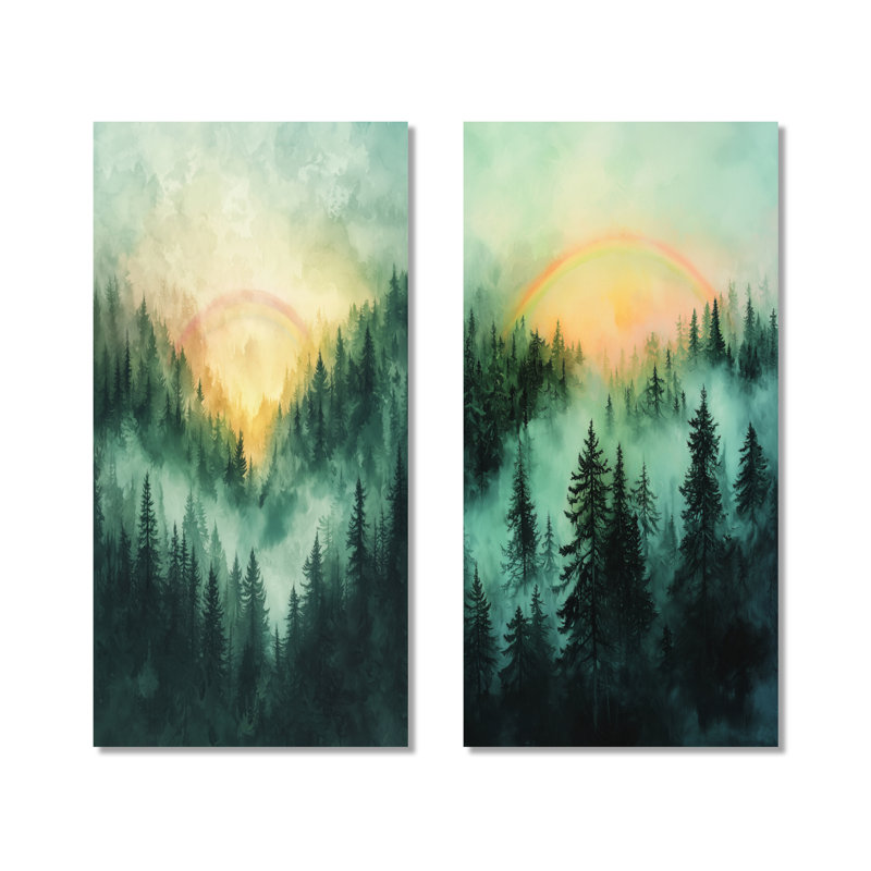 Rainbow In The Misty Forest I - Collection d'art sur toile 2 panneaux, 28" H x 25" W, Toile tendue