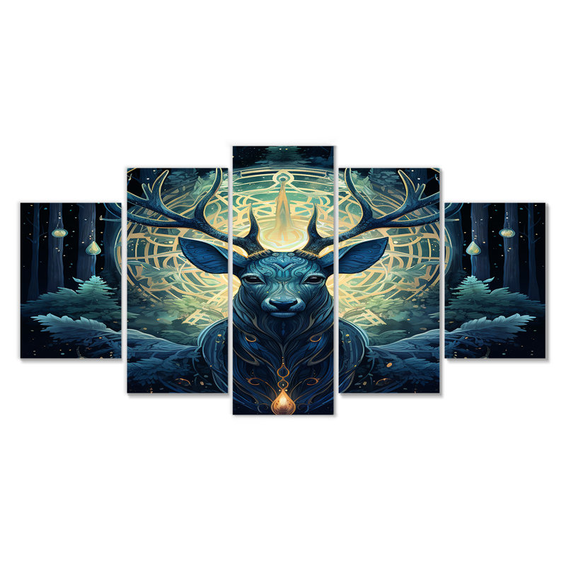 «Celerial Deer Antler Enchanted Forest II - Deer Animal», art mural 5 pièces, H 32 po x l 60 po