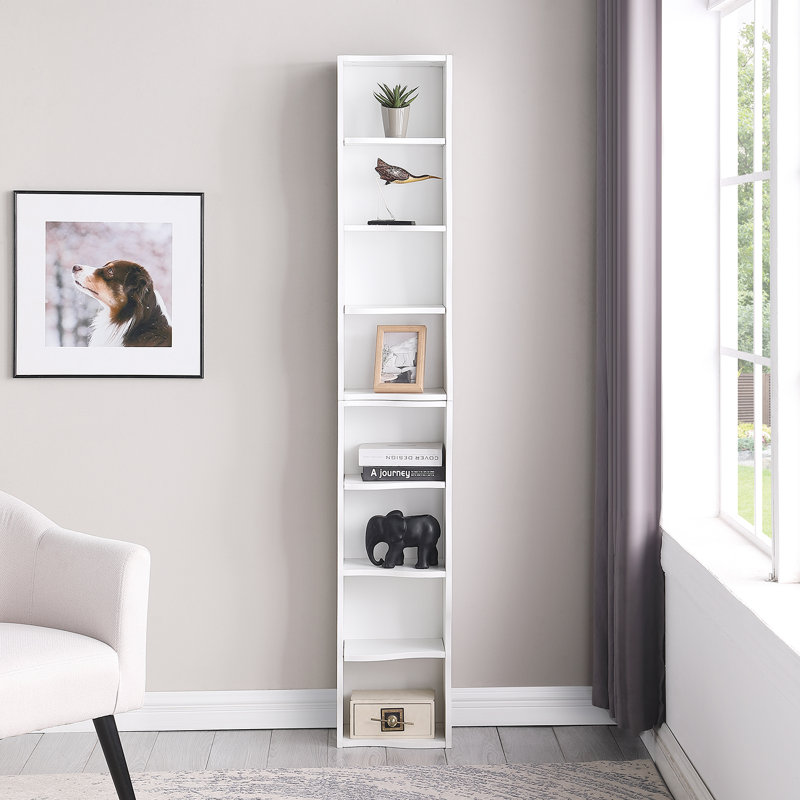 8-Tier Adjustable Bookshelf, Ultra-Thin Storage Cabinet With Wavy Border Design, Freestanding Bookcase For Living Room, White