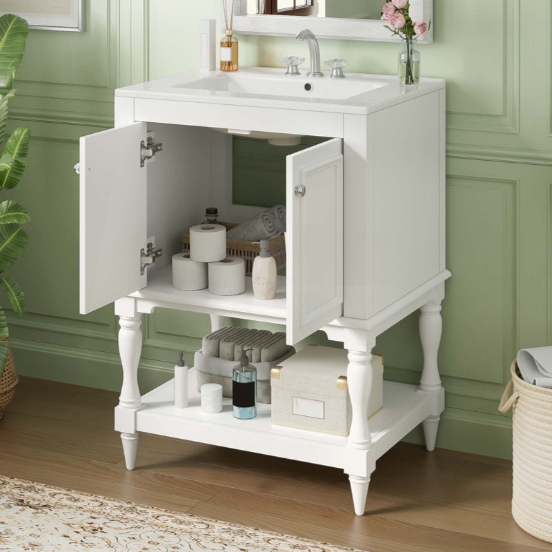 Meuble-lavabo moderne de luxe avec lavabo en céramique, armoire de salle de bain avec tablette ouverte et rangement fermé (robinet non inclus)