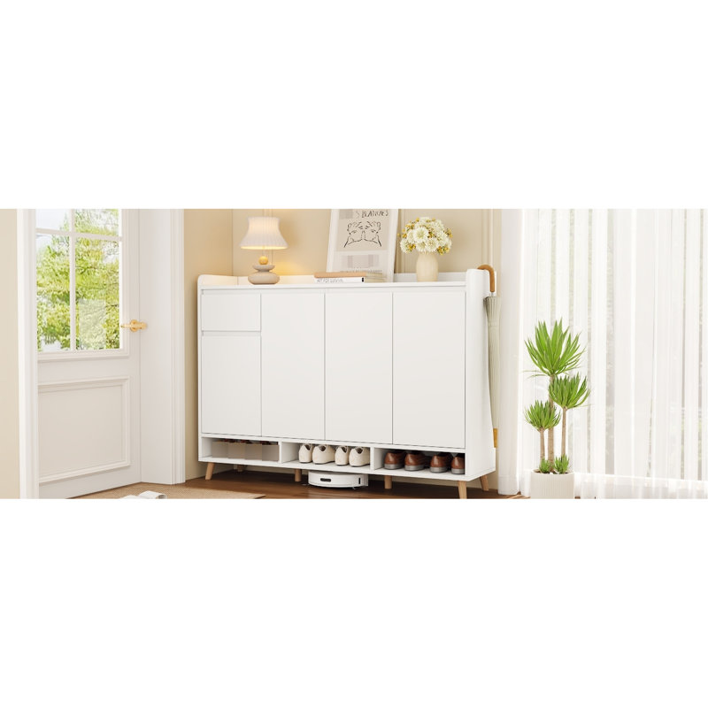 Armoire contemporaine avec matériaux et étagères polyvalentes, Blanc/naturel