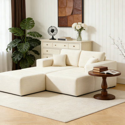 73.4" Corduroy 2-Seater Compression Sofa with Ottoman, No Assembly Required, Foam & Independent Pocket Springs