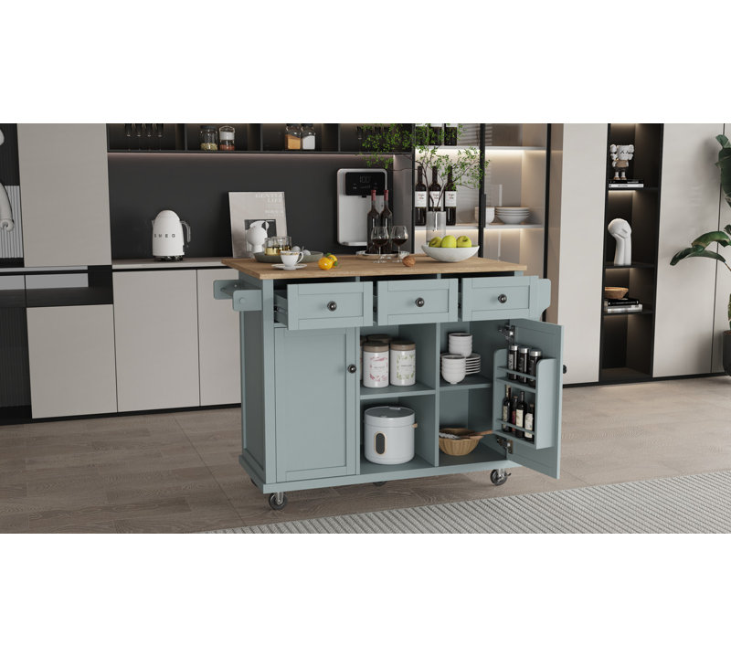 3 Drawers Kitchen Island Cart For Dinning Room, Blue
