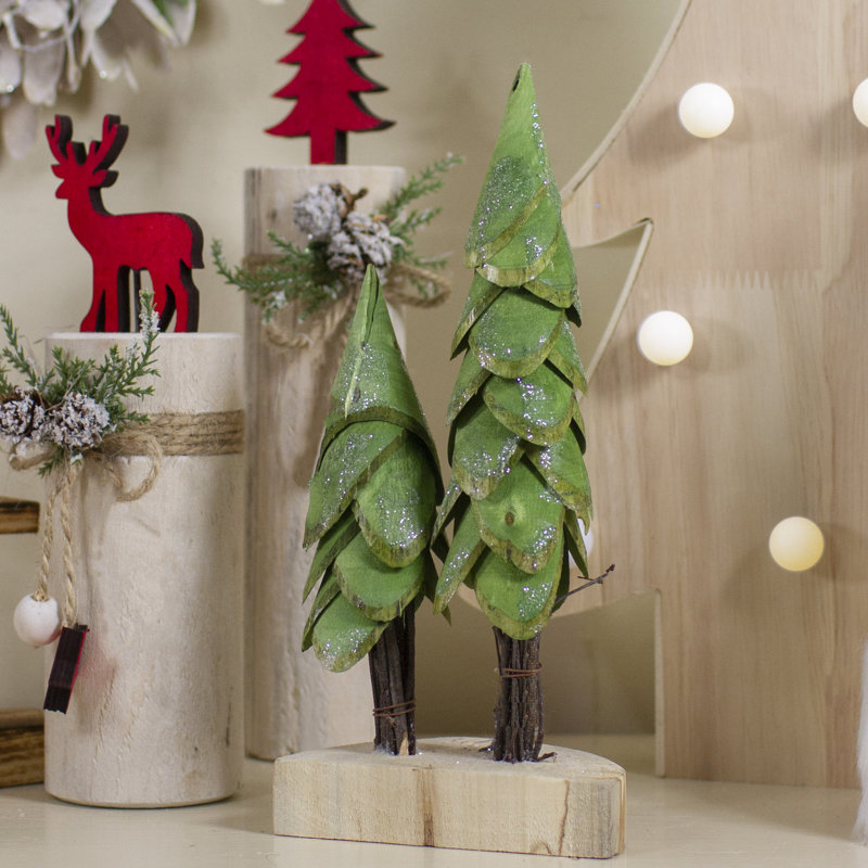 9" Green and Brown Wooden Tabletop Christmas Trees Decor