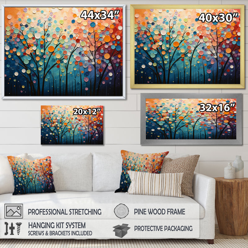 «Romantic Forest Pointillism Landscape - Romantic Landscape», reproduction sur toile encadrée, Cadre doré simple
