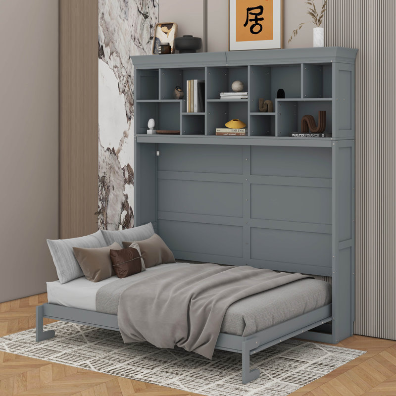 Grand lit escamotable mural avec tablettes supérieures et port USB, Gris