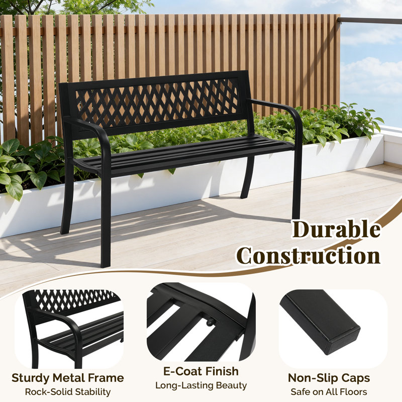 47 in. Black Iron Outdoor Bench, Black