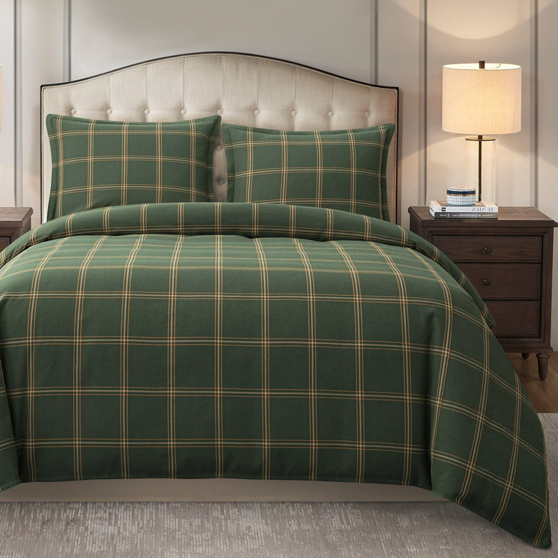 Windowpane Plaid Classic Modern Rustic Cotton Comforter Set, Green/Orange, Queen Comforter + 2 Standard Shams