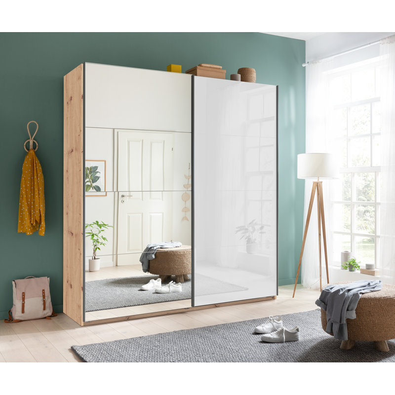 Systema 2 Door Wardrobe, 223cm H x 200cm W x 60cm D, Glossy White/Oak
