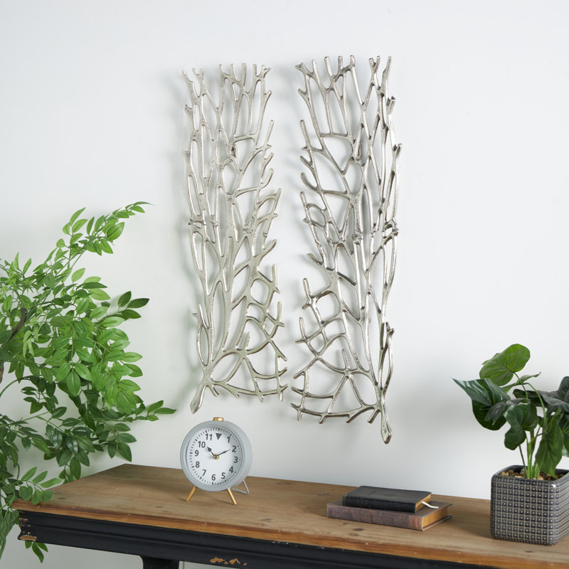 Ensemble de 2 décorations murales dorées en aluminium et corail, l 11 po x H 33 po, Argent