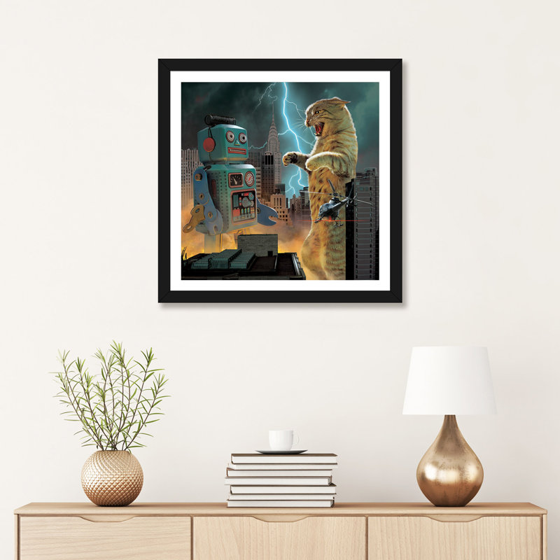 " Catzilla Vs Robot " by Vincent Hie, Black Framed Paper, 24" H x 24" W x 1" D