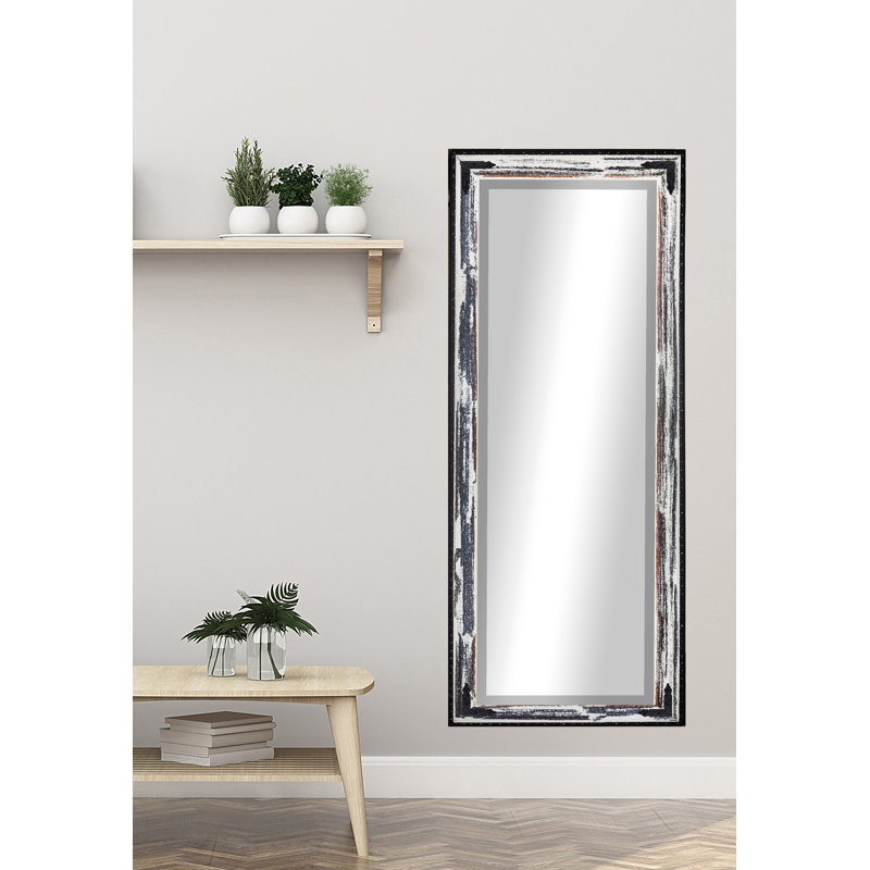 Kaspar Solid Wood Flat Mirror, Distressed Rustic Ivory & Black, 59.5"  x 20.5" 