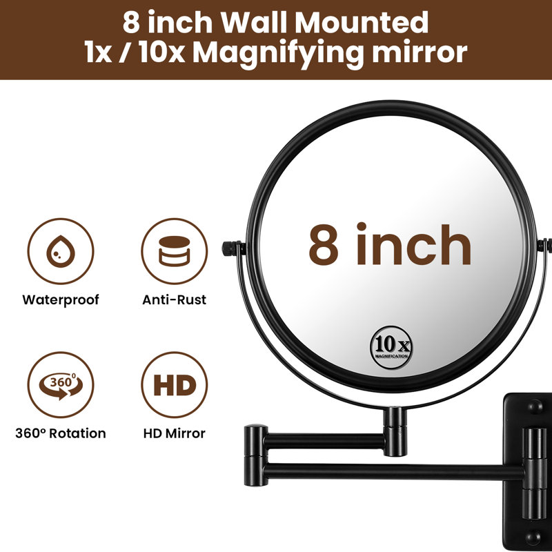 Miroir de maquillage mural 8 po avec miroir de grossissement × 1 / × 10, Matte Black