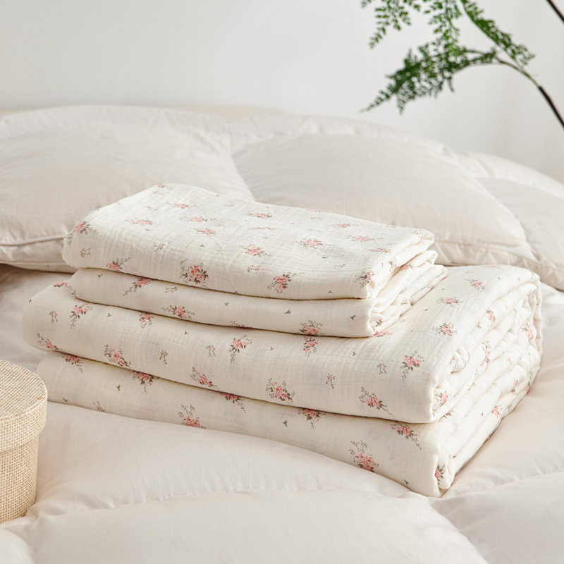 Double Muslin Bed Linen Cotton Pink Floral Pattern Bedding, King