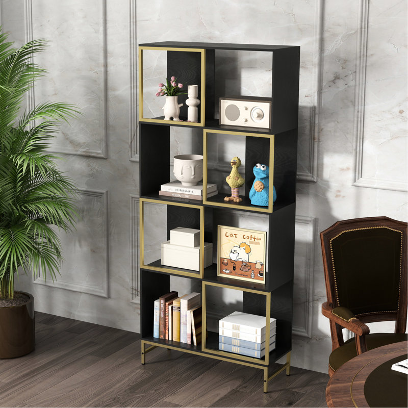 Small Area 4 Bookcase - Rustic Industrial Design, Black+gold, Functional Storage Choice Solution