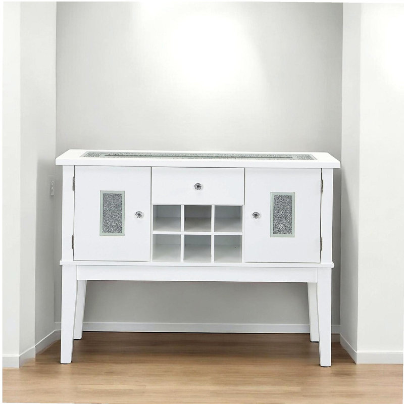 Elizaveta Faux Crystal Diamond Server, White High Gloss, Wine Rack & Storage