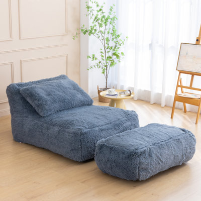 39.4" Wide Faux Fur Convertible Sofa Bed with Ottoman and Pillow（Plush Grey）