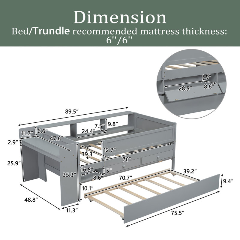 Multi-Functional Twin Daybed With Drawers And Trundle, Headboard Storage And Tables, USB Charging Station, Gray