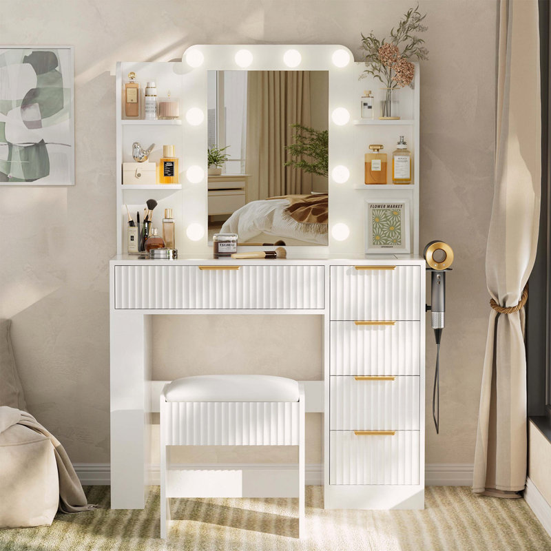 Table de coiffeuse avec miroir à DEL, station de charge et tabouret de rangement, Blanc