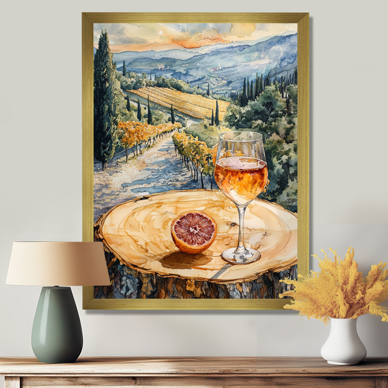 Pamplemousse avec verre de vin dans un paysage viticole IV - Paysages, art mural, salon, H 32 po x l 24 po, Doré