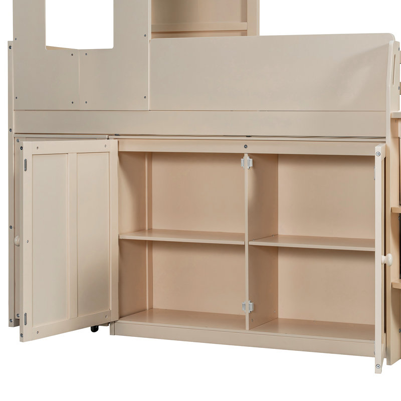 Lit mezzanine en bois avec bureau, tiroirs, armoires, Beige