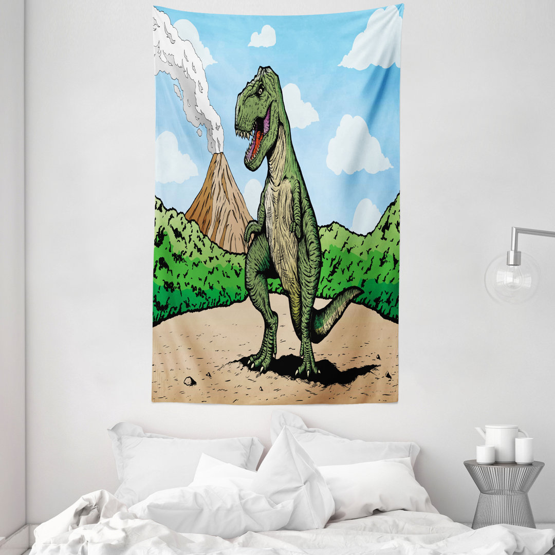 Wandteppich, T-Rex Aktiver Vulkan, Dinosaurier, Hellbraun Hellblau