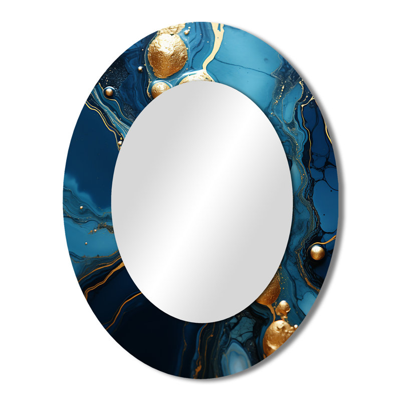 Miroir mural moderne doré et or et saphir bleu marbré III, H 43 po x l 33 po
