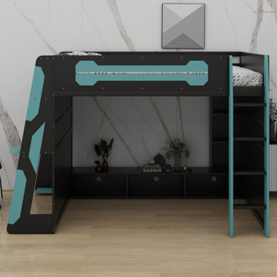Lit mezzanine en bois avec bureau, tablettes et éclairage RVB