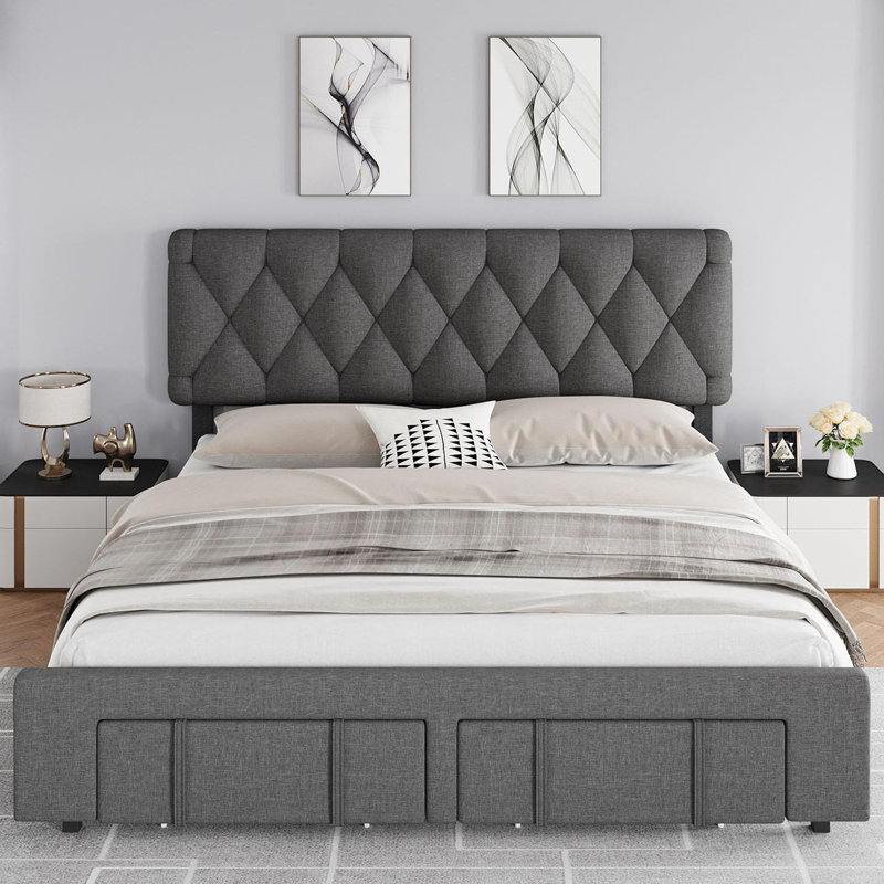 Upholstered Platform Bed Frame, Storage Drawers, Gray, Queen