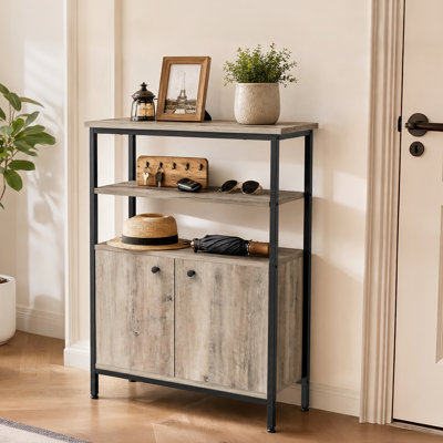 Gray Farmhouse Sideboard Buffet Cabinet with Open Shelves, Freestanding Coffee Bar with 2 Doors & Metal Feet for Kitchen, Dining Room, Entryway, 26.8"
