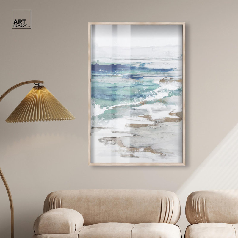 «Marine Layers IV Shadowbox», art abstrait bleu par Art Remedy, cadre blond, 31 x 46, H 46 po x l 31 po, Cadre blond