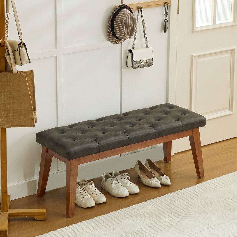 43.3'' W Tufted Faux Leather Upholstered Bench with Solid Wood Legs, Charcoal Gray