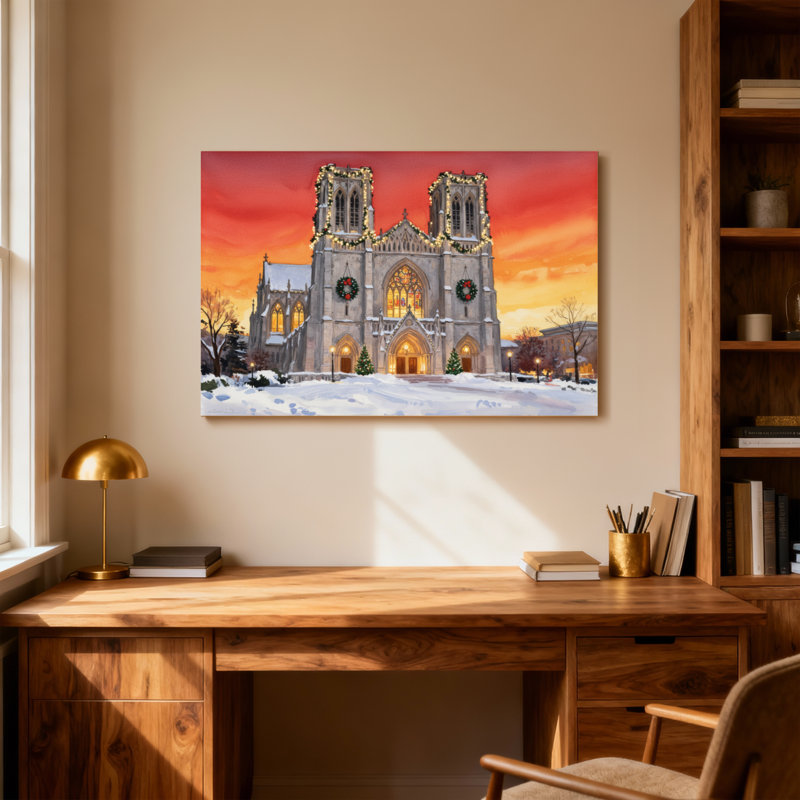 Décoration de Noël cathédrale de Noël enneigée avec guirlandes de lumières du coucher du soleil, H 12 po x l 18 po