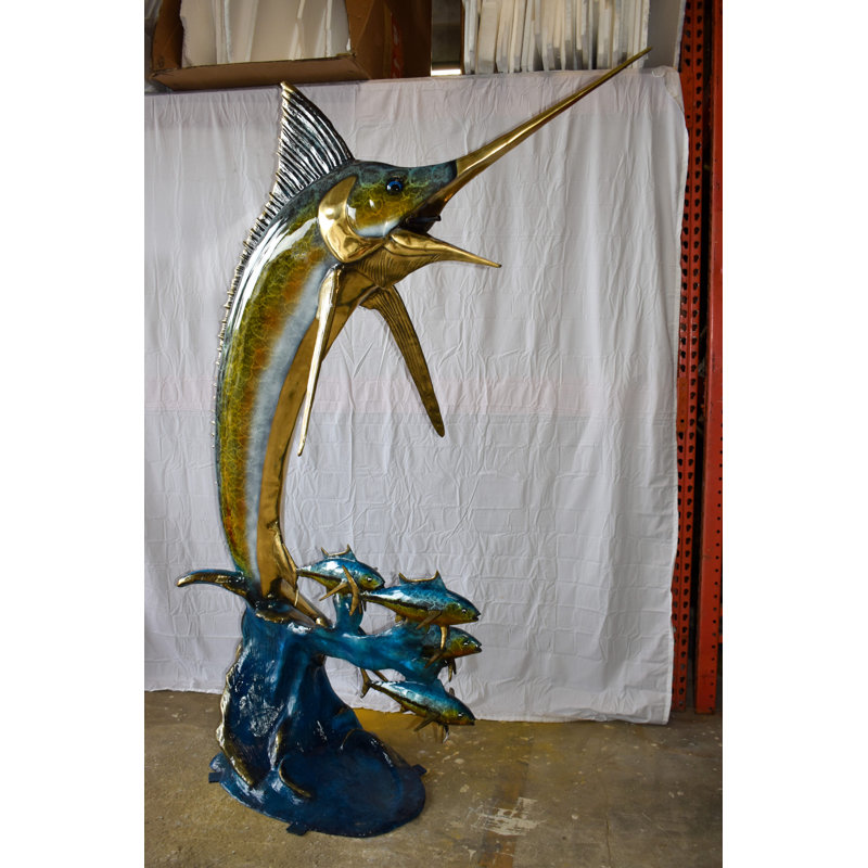 Copper Giant Colored Marlin Fish W 4 Jack Fish Bronze Statue Fountain 85" x 30" x 90"H