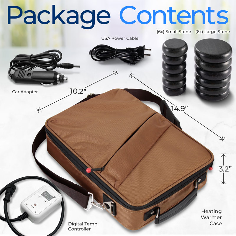 Ensemble de chauffe-pierres portatif Serenelife - ensemble de chauffage et de pierres chaudes pour spa électrique avec 6 grandes et 6 petites roches de massage rondes en forme de basalte, sac de chauffage à contrôleur numérique