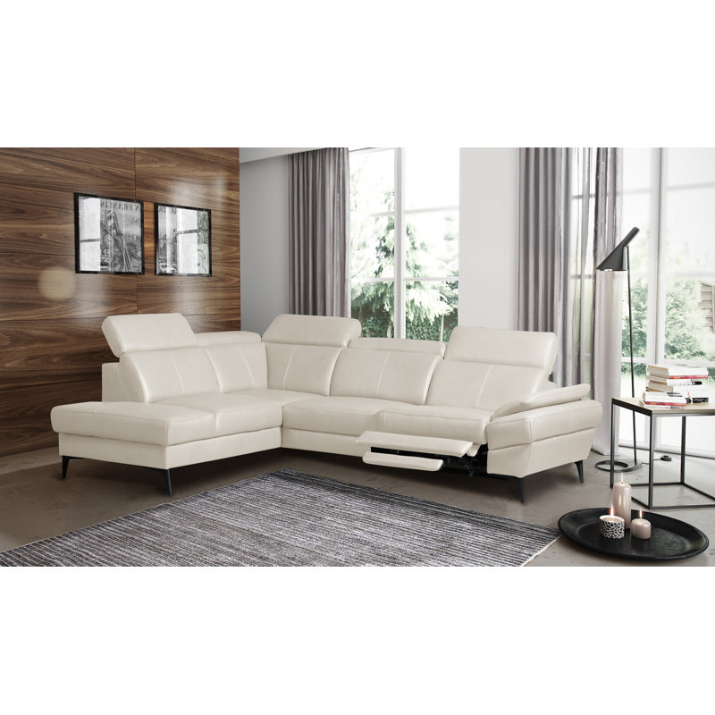 Genuine Leather Reclining Corner Sofa with Adjustable Headrests and Adjustable Armrest and Storage, Left Hand Facing, Cream