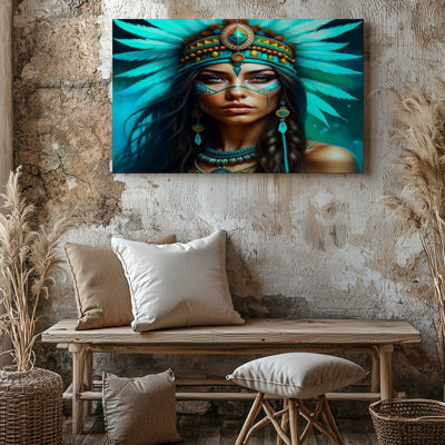 Amérindienne avec coiffe de plumes turquoise, reproduction d'art sur toile pour le salon, la chambre à coucher, le bureau, le couloir, le vestibule, le mur de la galerie et la décoration intérieure moderne