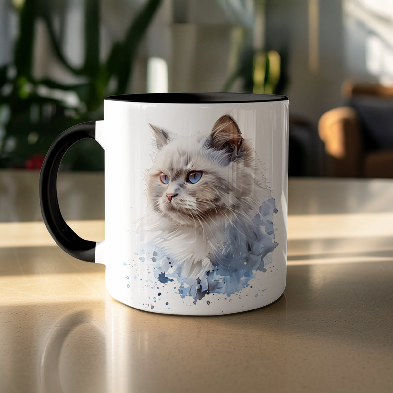 Cat Design 11oz Accent Mug – Ceramic Coffee Cup with Colored Handle and Interior, 4, Black