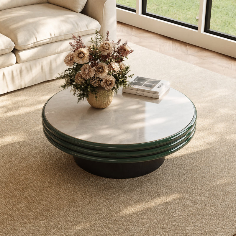 Modern Round Coffee Table with White Marble Top, Mid-Century Living Room Center Table