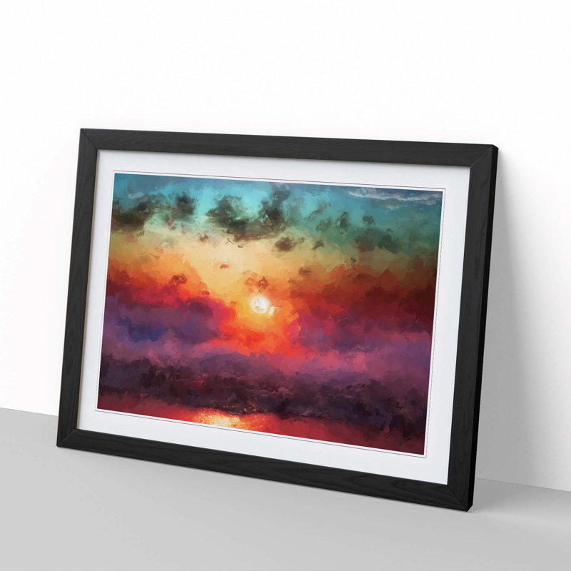 Rainbow Sunset over the Ocean in Abstract - Picture Frame Painting Print, Black, 35cm H x 50cm W x 2cm D