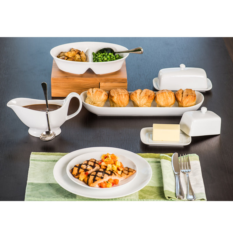 White Ceramic 10.5" Divided Oval Chips and Dip Serving Bowl