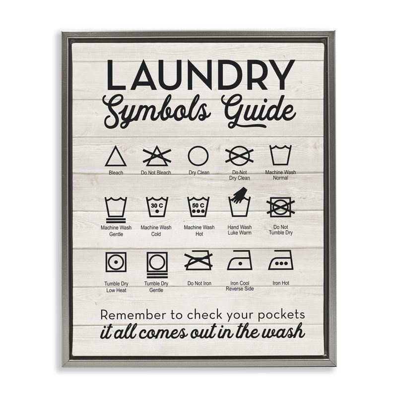 «Laundry Laundry Symbols Guide», art mural sur toile par lettrage et doublure, H 21 po x l 17 po, Cadre flottant gris lustré