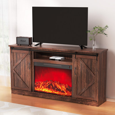 TV Stand for 70" TV with Electric Fireplace,Wood Farmhouse Fireplace Cabinet with Adjustable Shelves and Fireplace Remote,Music Player/Entertainment Center