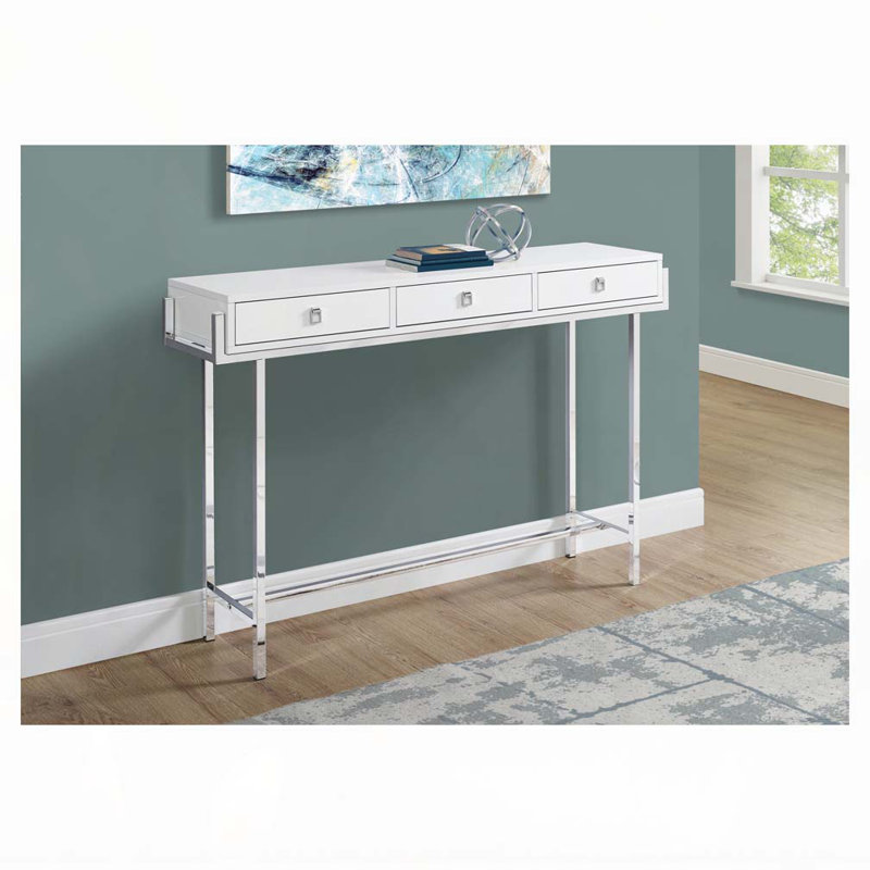 Table d'appoint, console, vestibule, étroit, canapé, tiroir de rangement, salon, chambre à coucher, stratifié blanc brillant, métal chromé, contemporain, moderne